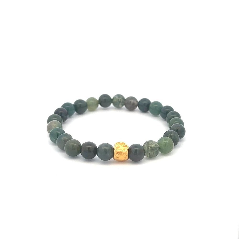 24K Yellow Gold Money Bag Lucky Bracelet Moss Agate Gemstones 6mm